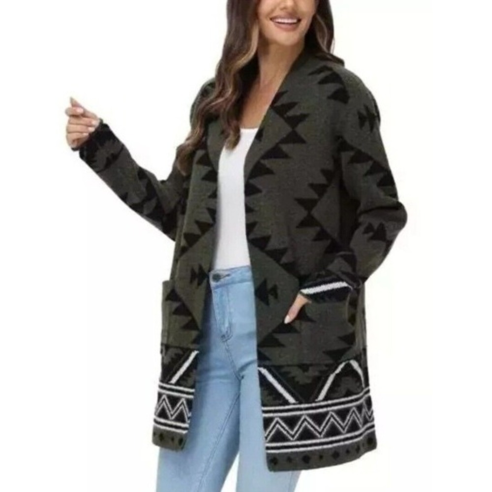 Frye The Cozy Open Front Cardigan Oversized Olive Green Black Aztec Western L